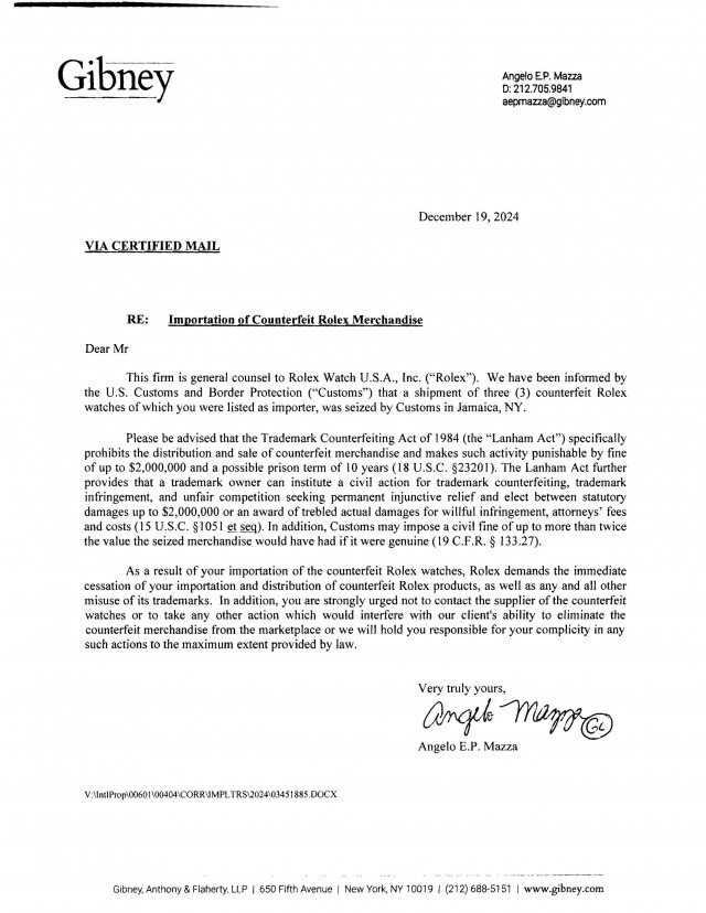 Counterfeit Rolex letter